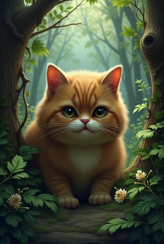 chubby cute brown cat with a menacing aura hiding in a forest