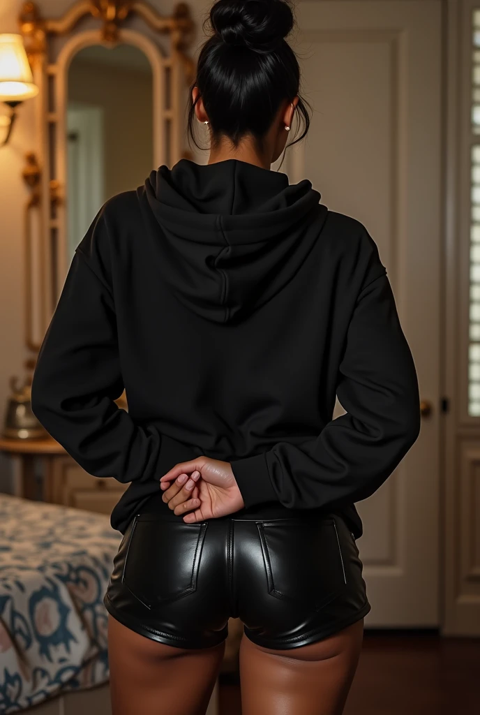 black woman hair in a bun black hoodie black leather short shorts being fucked in the ass by a old grandma in a dress
