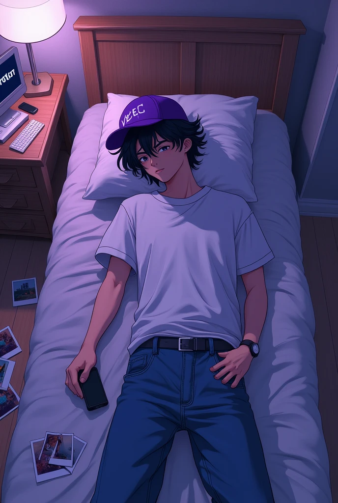 cover for song in purple scale , that has a boy with wavy black hair, You can't see his face because it's covered by a purple cap that says veec lying on a bed, with a white t-shirt and wide jeans.In his right hand the boy holds a mobile phone . On the ground there are some polaroid photos, Next to the boy there is a table that has a computer that on its screen says your cat and next to the computer a modern clock . The whole image looks like it was a photo taken from the ceiling of a very large room and the image is animated but with urban designs