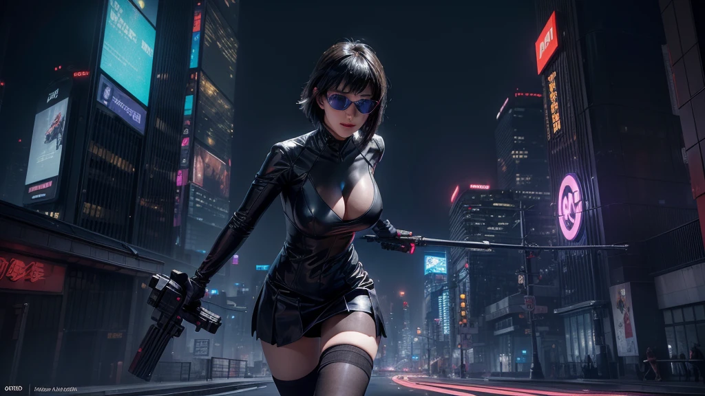 (Wide angle view). "ghost in the shell" film inspired futuristic Tokyo city, simple outlined neon tall buildings, (OLED holographic portrait on buildings), glowing giant clock tower, 1drone, lightning, 3D rendering Beeple. At night, (1girl, solo, alone), photorealistic, medium-breast slim:0.6 body, oval:0.5 face, cleavage:1.1, sexy costume with deep-v, low view pleated miniskirt, glove, (Matrix style black micro sunglasses), ((aiming viewer with a short gun)), (running pose), (half-body thigh level close-up shot), cinematic lighting, ray tracing.