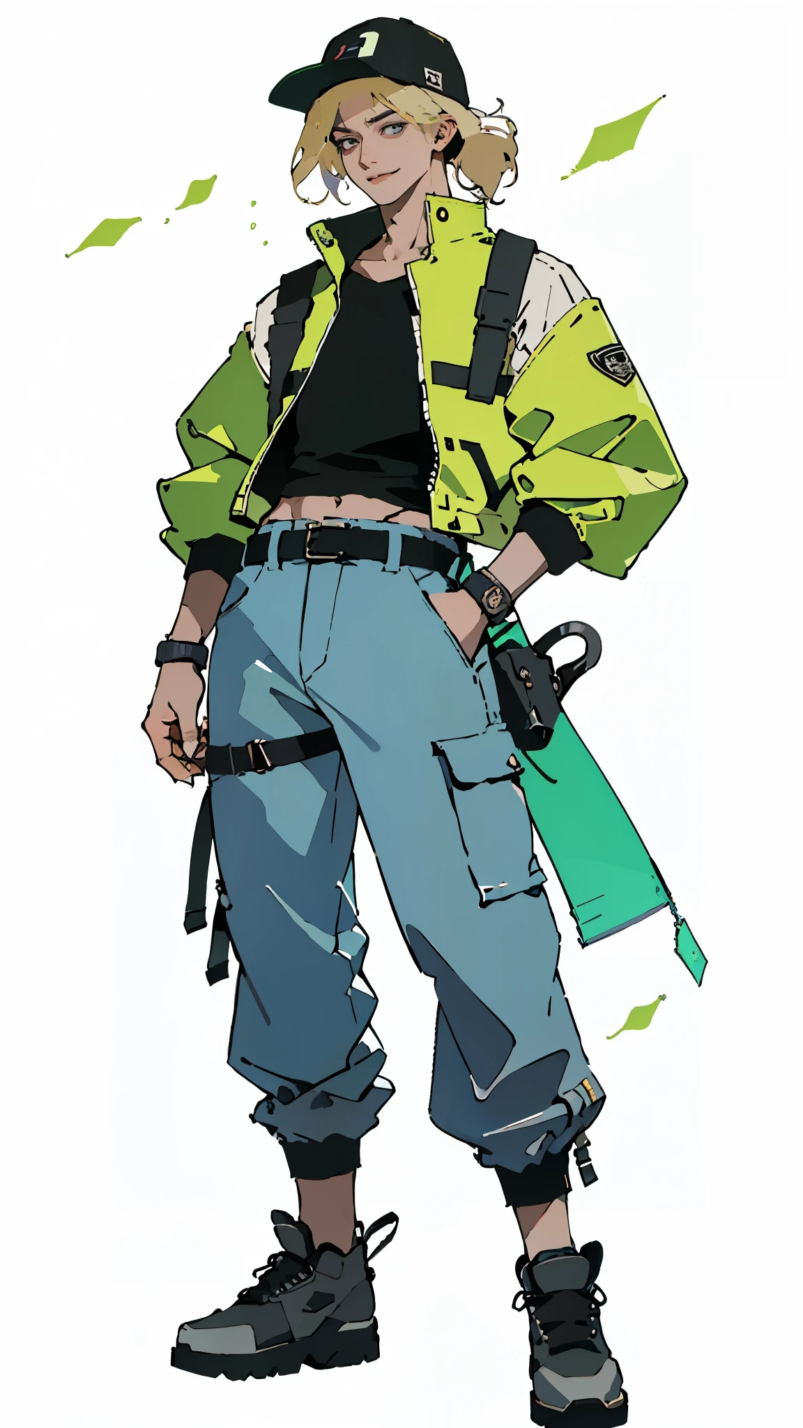 (masterpiece:1.2, best quality:1.2, extremely delicate:1.2), ((male:1.5)), a young man with blonde hair, wearing a red baseball cap backward, messy bangs windblown, a handsome face, a lazy gaze, a confident smile, a fantasy-realism style blue work vest jacket, a dark blue denim long robe underneath, featuring a long hem, a leather belt, loose coarse cloth trousers, strikes a kung fu pose in a horse stance, as fallen leaves are swept up by a whirlwind around him, this character embodies a finely crafted fantasy-realism style kung fu warrior in anime style, exquisite and mature manga art style, dramatic, high definition, highres, ultra-detailed, ultra-fine painting, professional, perfect body proportions, golden ratio, anatomically correct, symmetrical face, extremely detailed eyes and face, high quality eyes, creativity, RAW photo, UHD, 32k, Natural light, cinematic lighting, (masterpiece-anatomy-perfect:1.2)