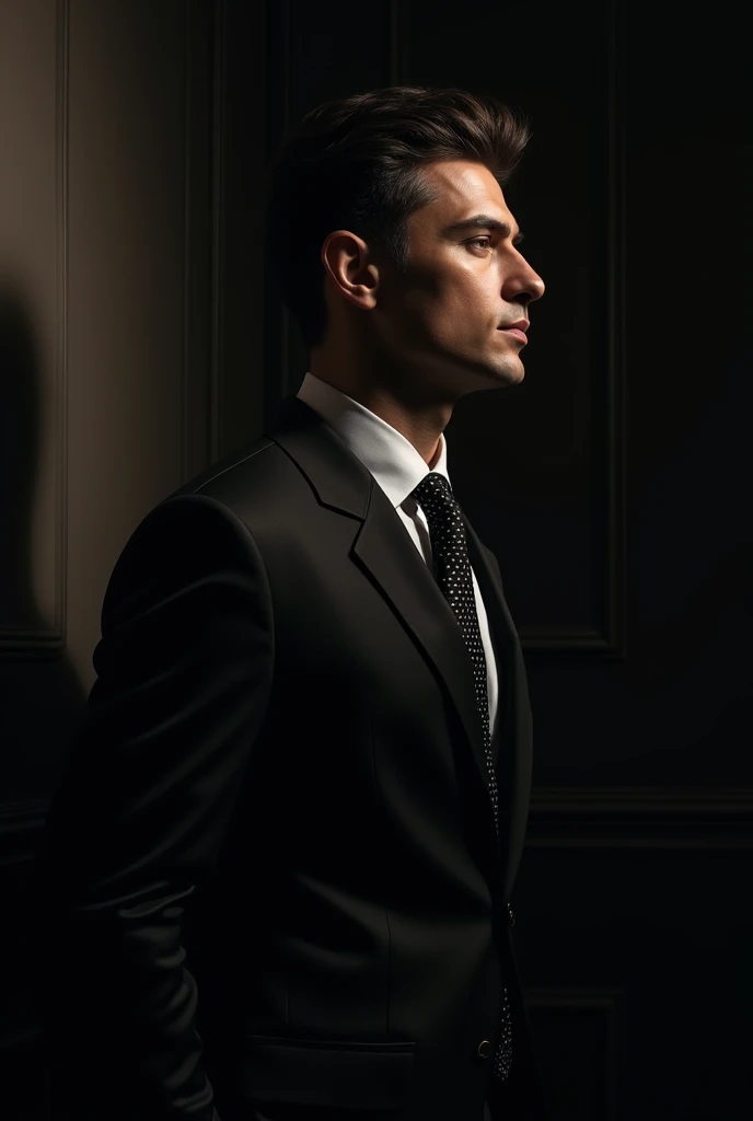 Create a profile picture featuring a well-dressed person representing wealth, with their face partially hidden. The person should be wearing a suit or formal attire, symbolizing luxury and success. The atmosphere should be enigmatic and mysterious, with subtle shadows obscuring part of the figure's face, creating a sense of intrigue. The background should complement the luxurious theme, using dark tones and sophisticated details, evoking an aura of mystery and affluence
