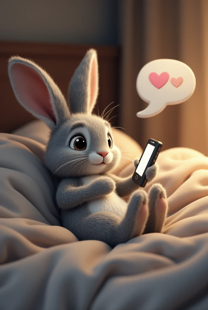 Male rabbit, writing a message on a phone, with a speech bubble where it says "Hello, rabbit. How are you? Busy?" . lying on a bed