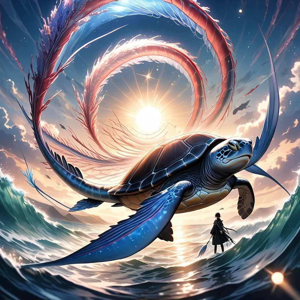 Dazzling Light、lame、A big shining sun、Beautiful and wide sea、One large oarfish、One Turtle、A crow、Transparent and beautiful lighting, Artistic design、Pop Fantasy, Vast views、Detailed depiction、Xin Haicheng、Sparkle Effect, Soft Light, Iridescent Oarfish、