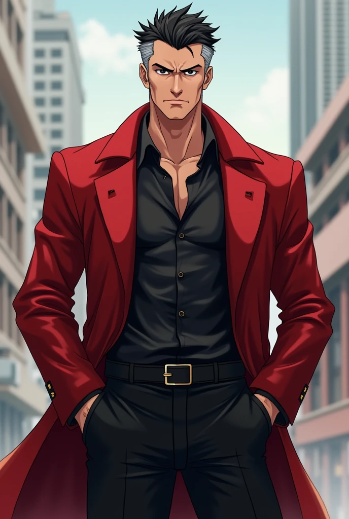 mature man, I&#39;m handsome with short black hair and gray hair on the sides with a superman hairstyle and a wide, square face,  black eyes, He has a red coat with wide shoulders and black pants in anime version