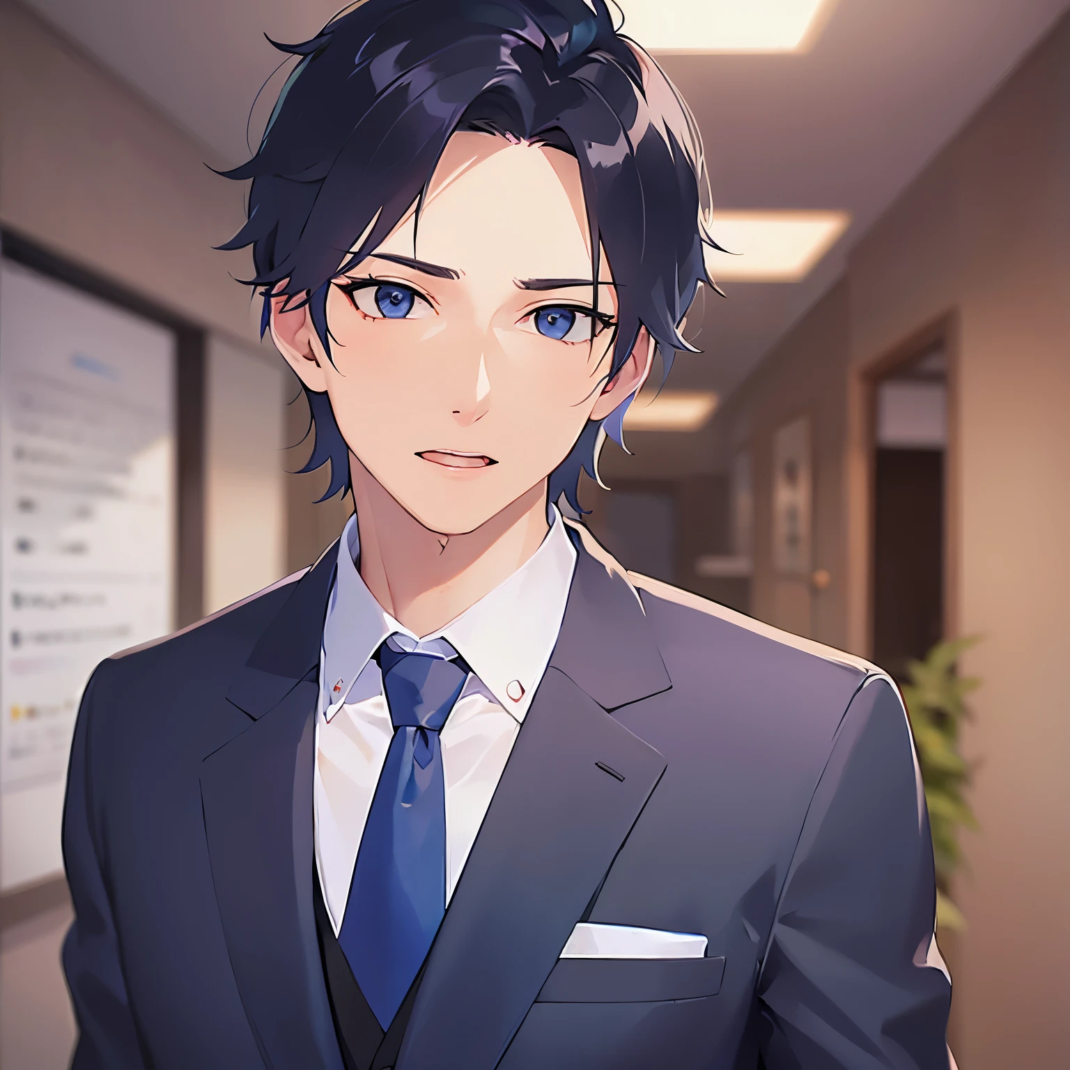 (2 male:1.3) and (Black short hair) and (blue eyes), Side shot、shiny skin, masterpiece、Highest quality、
(Wearing a suit:1.5) and (Blue tie)、
worried,open mouth,
The background is the conference room、(alone:1.5)
