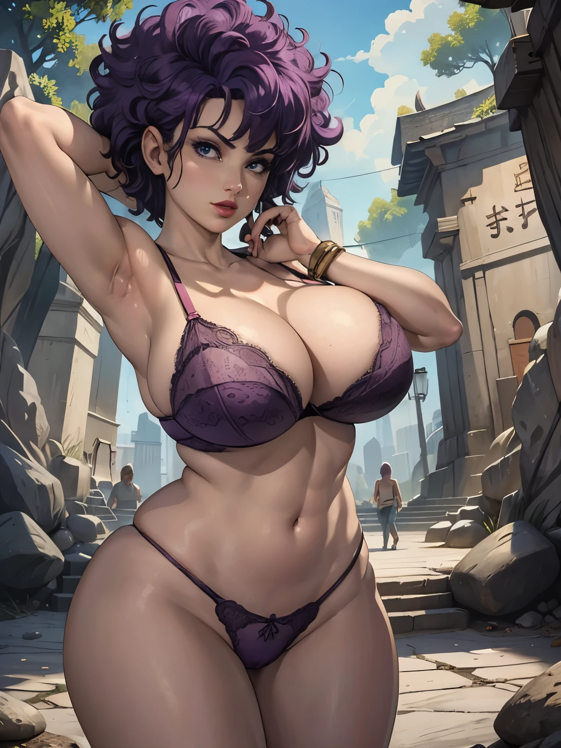 (highest quality:1.2, masterpiece:1.2), 1 girl, solo, (ultra realistic portrait of Lan fan, dbz), (purple hair color:1.5, curly perm:1.5, top up short hair:1.3, blue eyes, single mole around mouth), ((ultra realistic sexy bra, ultra detailed sexy string panties)), sports shoes, ultra huge breasts, ultra huge tits, ultra huge boob, ultra huge cleavage, ultra slim waist, perfect slim body style, (ultra realistic skin texture, ultra detailed skin texture, perfect eyes, ultra detailed eyes), ((outdoors, battle arena, stone ring, battle ring, square ring, surrounded by many audiences)), (nsfw), put your hands up, visible ultra detailed shaved armpits, exposed ultra realistic shaved armpits, disclosed ultra realistic shaved underarms, showing ultra detailed shaved underarms, full body shot,