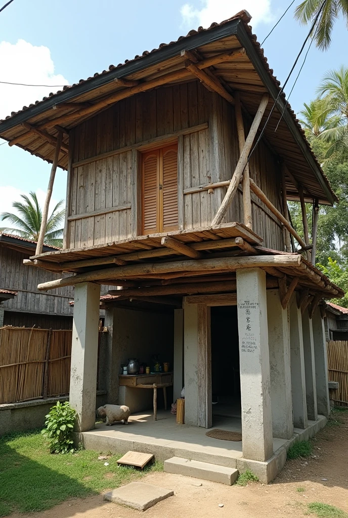 It was a stilt house made of wood and bamboo with concrete footstools for posts and stairs. Such concrete tiny slabs are still present to this day used as base integrated to the new house and under the house was an open storage for implements and jars. A corner was used as a cornal for goats and sheep that were evacuated from Mangusmana during flood season. The yard was surrounded by bamboo fences with a front gate facing the street of the bulosans and