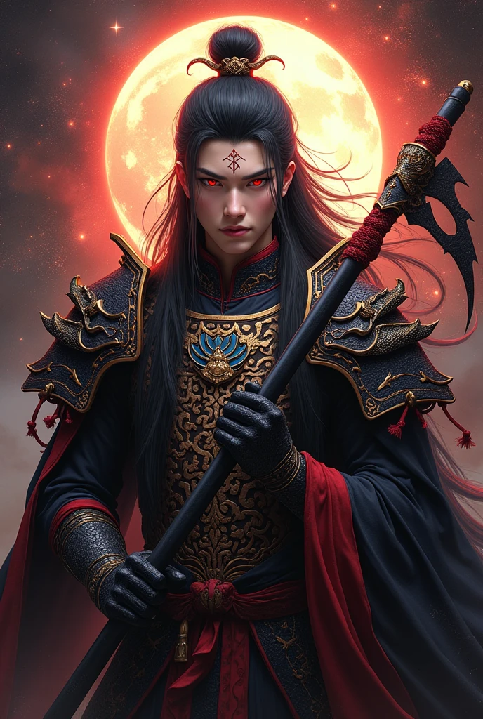 Handsome young xianxia protagonist,charming handsome,darkest Xianxia style,dark style,guy,man,long black hair, Crimson red eyes combination ,and long black with ,and the golden rune motiv  scratched on his forehead,use armour featuring like God of evil  with black and  purple dominant color,pauldron protective shape like dragon head,breastplate featuring like qiongqi four perils Chinese beast((search reference for 4 perils Chinese beast qiongqi)),breastplate detailed qiongqi head shape,shoulder protective dragon shape like head red and blue,sun and moon and circling at the background,ultra detail,the tassel of the armour like river of galaxy, combination of black and red dominant color,darkest red dominant color, Crimson dark red dominant color armour,with majestic silver line ,held  halberd of abyss,halberd extreme detailed, And demonic wings at back,demonic wings at back,terrifying aura around,24K ultra hd,face and eyes detail,lips and face detail,masterpiece ,better quality 