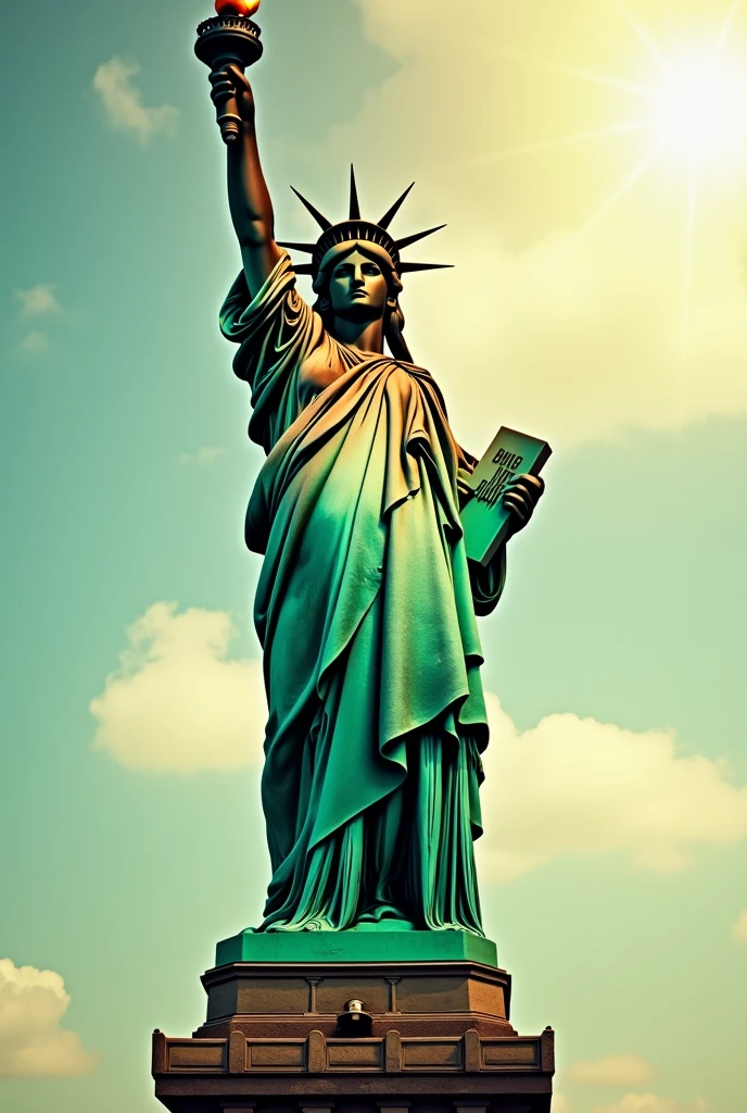 original statue of liberty, top half made in brown color and bottom half in green color, realisitic