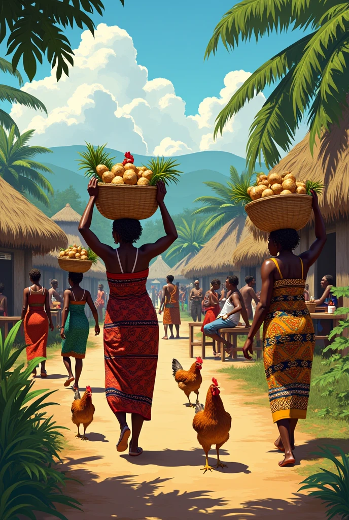A vibrant igbo village where women carrying baskets of yams on their heads, children chasing after chickens and men gathered dunking palmwine and gossiping