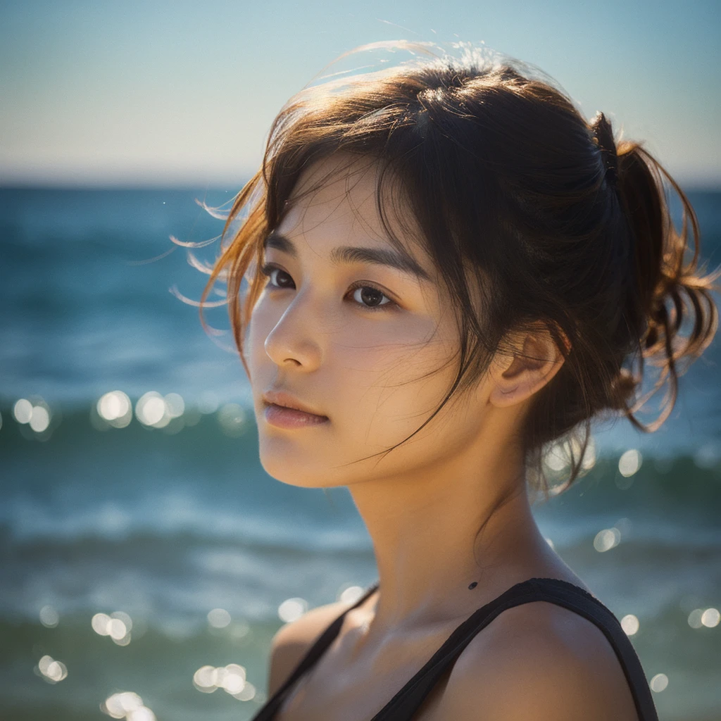 A hyper-realistic image of a single Japanese woman in her early 20s, captured with the nostalgic warmth and pronounced graininess of a film camera, showing her from the shoulders up as she stands on a sunlit beach. Her skin has a warm beige tone with a natural, visibly rough texture that includes pronounced pores, fine lines, and subtle imperfections such as small blemishes, slight unevenness, and a hint of sun exposure, contributing to the authenticity of her appearance. The texture of her skin is intentionally less smooth, with a tangible roughness that enhances the realism, making the surface appear slightly weathered by the elements. The soft, diffused natural light illuminates her face and shoulders with a gentle touch, casting shadows that subtly reveal the unevenness of her skin. Her straight, glossy black hair flows naturally in the ocean breeze, framing her face, and her deep brown eyes reflect the soft sunlight and the shimmering sea. The film camera effect amplifies the grain and texture, creating a warm, nostalgic atmosphere while maintaining the deliberately rougher, less polished texture of her skin. The composition, focused on her upper body, captures the serene elegance of the beach setting, highlighting the natural interaction of light and shadow on her skin. This combination of a rough, realistic skin texture, soft natural light, and the grainy film-like qualities ensures that the image presents an authentic, lifelike portrayal of the woman, centered on her face and shoulders.