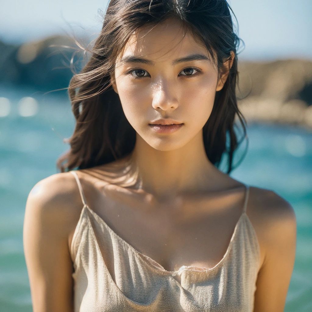 A hyper-realistic image of a single Japanese woman in her early 20s, captured with the nostalgic warmth and pronounced graininess of a film camera, showing her from the shoulders up as she stands on a sunlit beach. Her skin has a warm beige tone with a natural, visibly rough texture that includes pronounced pores, fine lines, and subtle imperfections such as small blemishes, slight unevenness, and a hint of sun exposure, contributing to the authenticity of her appearance. The texture of her skin is intentionally less smooth, with a tangible roughness that enhances the realism, making the surface appear slightly weathered by the elements. The soft, diffused natural light illuminates her face and shoulders with a gentle touch, casting shadows that subtly reveal the unevenness of her skin. Her straight, glossy black hair flows naturally in the ocean breeze, framing her face, and her deep brown eyes reflect the soft sunlight and the shimmering sea. The film camera effect amplifies the grain and texture, creating a warm, nostalgic atmosphere while maintaining the deliberately rougher, less polished texture of her skin. The composition, focused on her upper body, captures the serene elegance of the beach setting, highlighting the natural interaction of light and shadow on her skin. This combination of a rough, realistic skin texture, soft natural light, and the grainy film-like qualities ensures that the image presents an authentic, lifelike portrayal of the woman, centered on her face and shoulders.