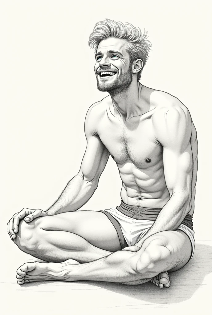 photograph by norman_rockwell+jc_leyendecker black and white lateral view, view from aside , full length drawing, of a young 15th century Nordic blonde strong toned body white skin shirtless, wearing thong, barefoot, blonde hair blue eyes beardless, gentle look, shirtless, sitting on the floor , showing his detailed feet, focus on the body and facial expression of happiness, Joy sketch, focus on his feet,