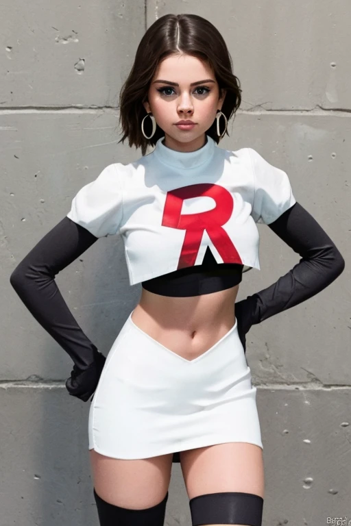 The face of Selena gomez, 1girl, solo, team rocket,team rocket uniform,white skirt,red letter R,crop top,black thigh-highs,black elbow gloves, earrings, large breasts,