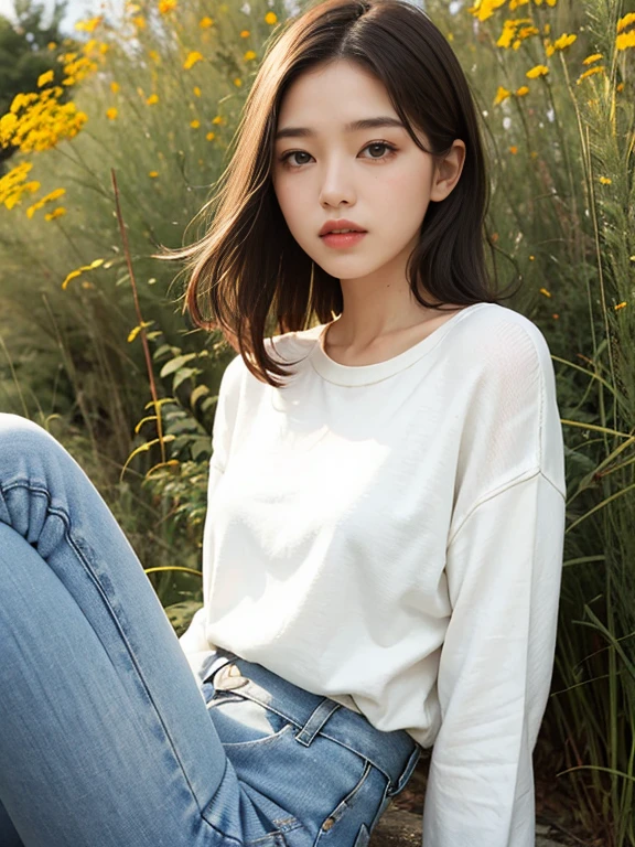 Cosmos field。White sweater。Beautiful woman in denim。