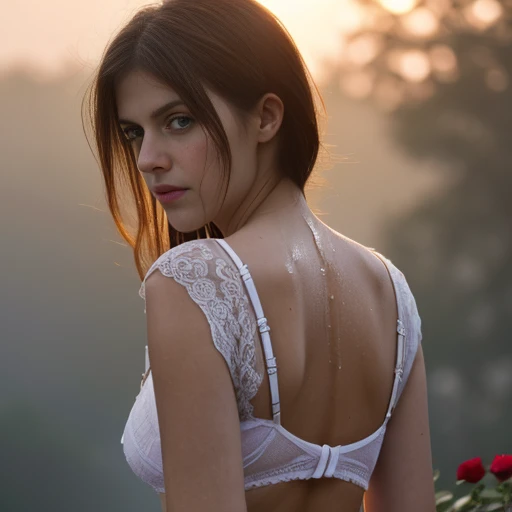 beautiful irish girl view from back, face looking the viewer, sweaty skimpy wet white transparent LINGERIE, possesses Alexandra Daddario's eyes and body sexy, adorable, freckly sweaty skin, sweaty short white hair, dress peeking, bathing in backlighting, opening buttons, sunrays, petals falling, roses, opening shirt, showing clevage, butt, fog, haze, sweaty, dripping, hot girl, showing clevage, rose petals, beautiful face, sunlit, in attic, covered in flowers and petals, godrays, cozy, wet skin, morning dew, backlighting, hazy, golden hour, morning light, erotic mood, alone, countryside, huge waterfall background, bokeh lighting, masterpiece, best quality, ultra-detailed, solo, smoke, shadows, contrast, close-up, cinematic light, side lighting, ultra high resolution, best shadow, RAW, 4k, sexy, cleavage, style of david hamilton,