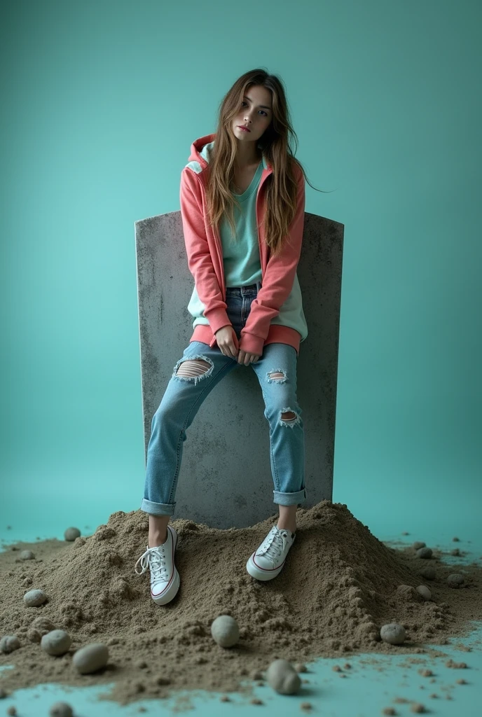 A tombstone or grave from which half of a young zombie&#39;s body is visible in a central and frontal angle towards the camera. She is wearing a modern and casual outfit. Only half of his body is seen outside the tomb, The other half is still buried. is looking at the camera. The background is a single color, It&#39;s like a studio photograph. It&#39;s a fun and cool photo