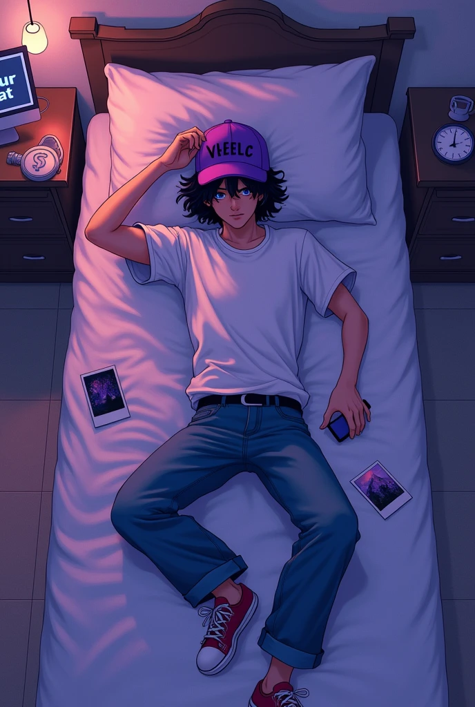 
cover for song in purple scale , that has a boy with wavy black hair, You can&#39;t see his face because it&#39;s covered by a purple cap that says veec lying on a bed, with a white t-shirt and wide jeans.In his right hand the boy holds a mobile phone . On the ground there are some polaroid photos, Next to the boy there is a table that has a computer that on its screen says your cat and next to the computer a modern clock . The whole image looks like it was a photo taken from the ceiling of a very large room and the image is animated but with urban designs 
