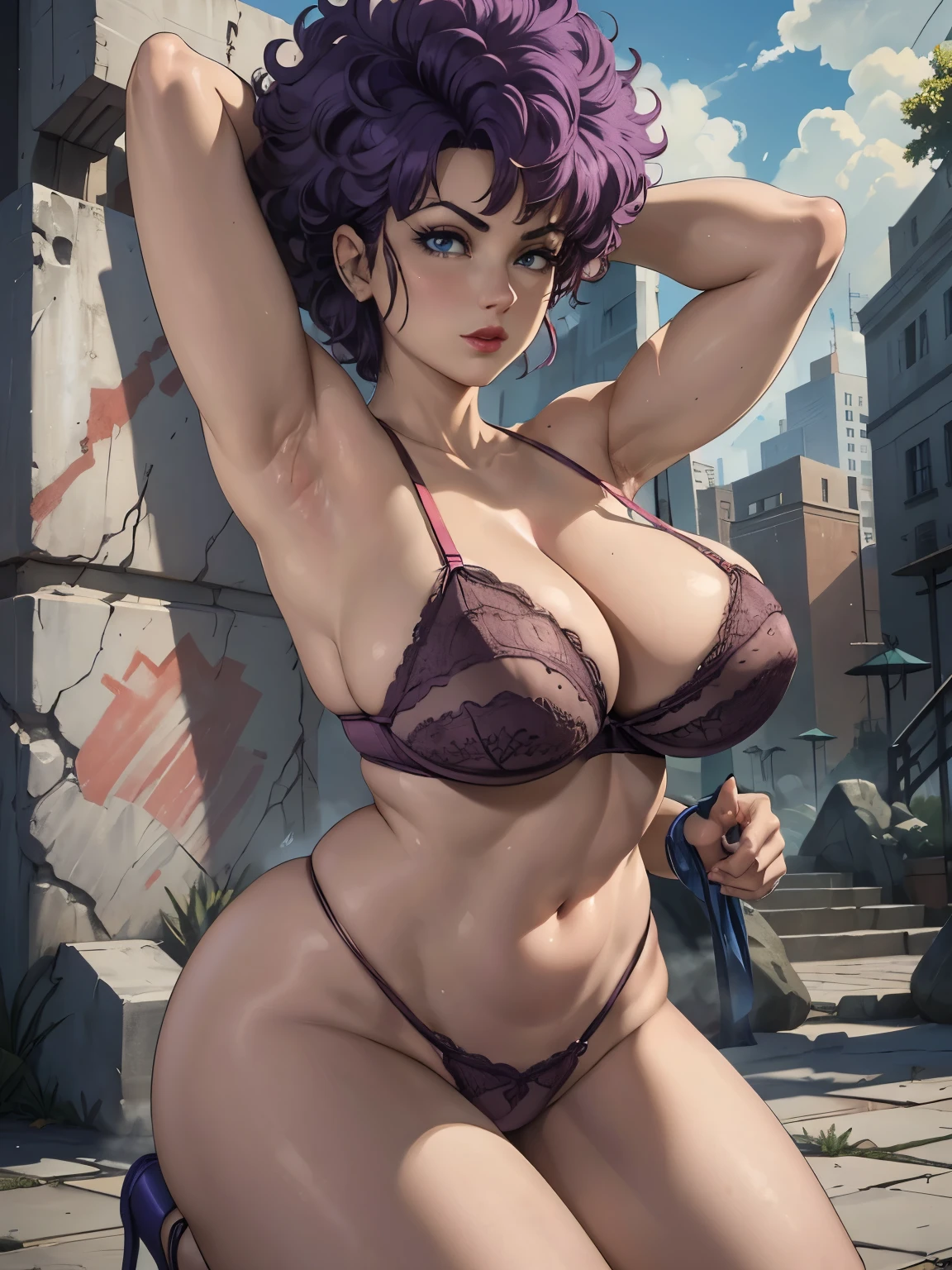 (highest quality:1.2, masterpiece:1.2), 1 girl, solo, (ultra realistic portrait of Lan fan, dbz), (purple hair color:1.5, curly perm:1.5, top up short hair:1.3, blue eyes, single mole around mouth), ((ultra realistic sexy bra, ultra detailed sexy string panties)), sports shoes, ultra huge breasts, ultra huge tits, ultra huge boob, ultra huge cleavage, ultra slim waist, perfect slim body style, (ultra realistic skin texture, ultra detailed skin texture, perfect eyes, ultra detailed eyes), ((outdoors, battle arena, stone ring, battle ring, square ring, surrounded by many audiences)), (nsfw), put your hands up, visible ultra detailed shaved armpits, exposed ultra realistic shaved armpits, disclosed ultra realistic shaved underarms, showing ultra detailed shaved underarms, full body shot,