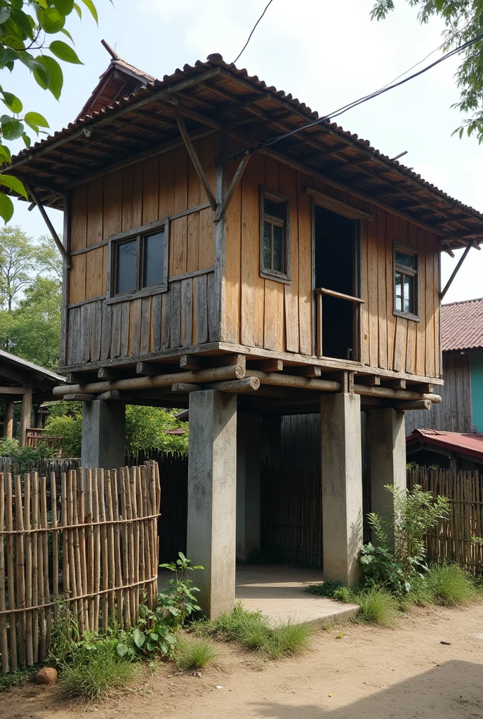 It was a stilt house made of wood and bamboo with concrete footstools for posts and stairs. Such concrete tiny slabs are still present to this day used as base integrated to the new house and under the house was an open storage for implements and jars. A corner was used as a cornal for goats and sheep that were evacuated from Mangusmana during flood season. The yard was surrounded by bamboo fences with a front gate facing the street of the bulosans and 