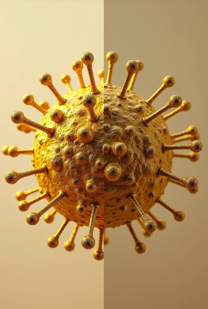 Create me the image of a gold nanoparticle(made up of many micro particles of gold) half of the gold nanoparticle already the HIV virus. and that it is more without exaggeration where the 2 particles can be differentiated