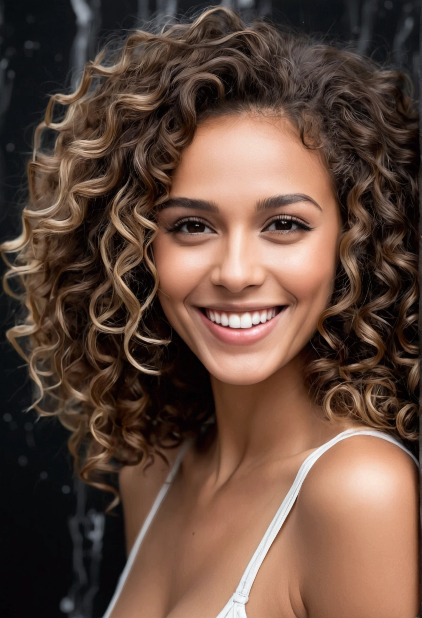 beautiful sexy curly woman, sexy smile, portrait focus on her hair, fluid pattern painting background, black white background, natural light, street photography