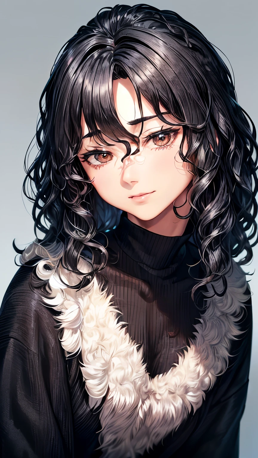 A Japanese fresh and mature lady ((small breast , slender)), jet black and blonde highlight short hair((voluminous, wavy , shaggy forelock:1.5)),(( jet black sweater )),(( blue big round droopy eyes)), gentle and calm smile((a little bit opened mouth )), mature face, gentle and mature atmosphere, noble posing, (( face focus:1.4)),((best quality))