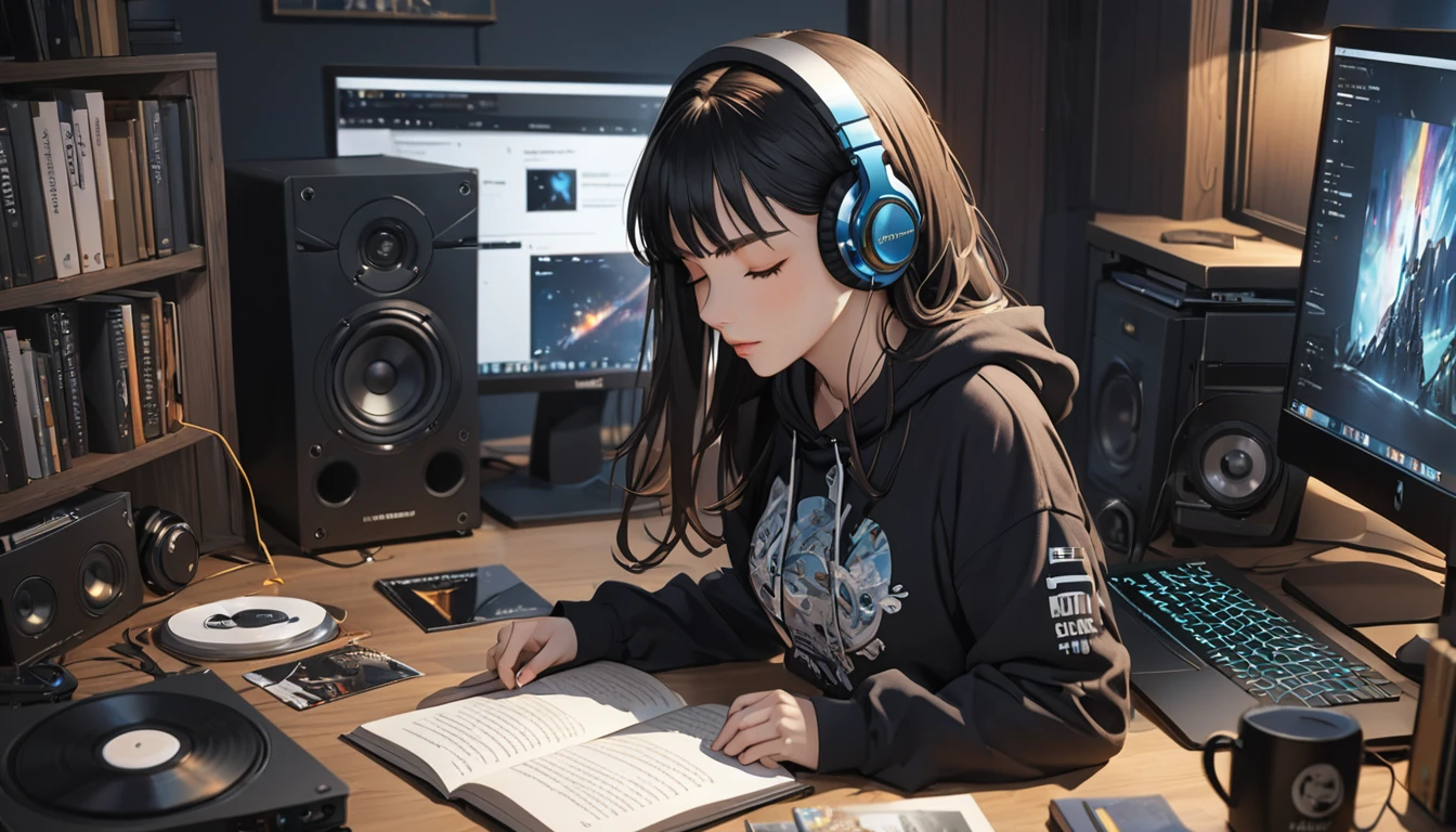 (masterpiece, Super Detail, Attention to detail, Highest quality, 8k, Album artwork,Close-up ,woman,Eyes closed,night,room,With the hood of a black sweatshirt pulled up,Listening to music with headphones on. Books and a computer on a desk.
