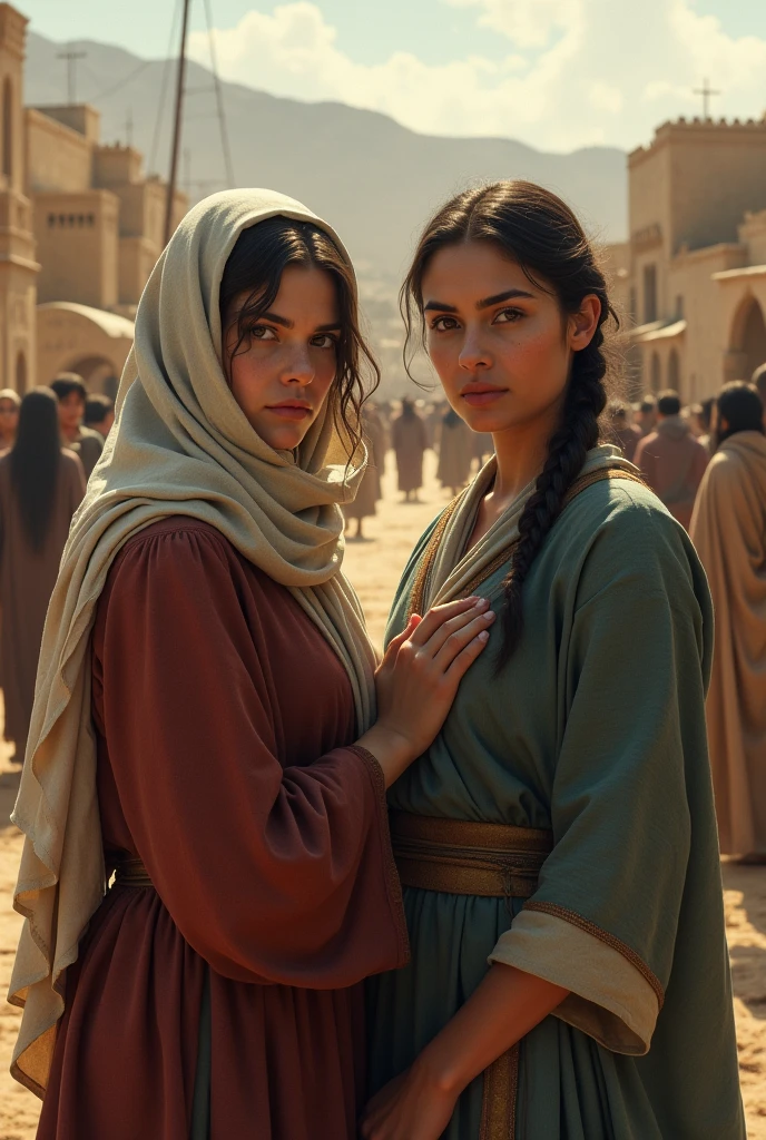 Realistic image of Ruth and Naomi from the Bible that shows a town of that time in front of it. Showing that it is your next goal