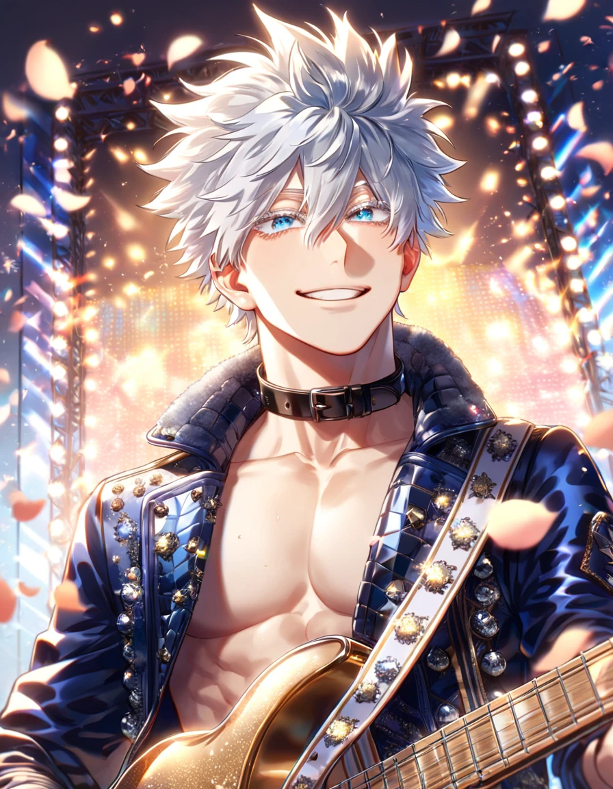 absurdres, highres, ultra detailed, HDR, master piece, best quality, extremely detailed face, delicated features, Gojou Satoru, white hair, messy hair, hair between the eyes, expressive blue eyes, white eyelashes, Boku No Hero Academia, solo, sexy man, handsome, sensual, smiling, playing a guitar, dark blue jacket with fur, no shirt, black belts, black collar, patterns, rockstar, rockstar clothes, stage, lights, petals, fantasy, magical, sparkling