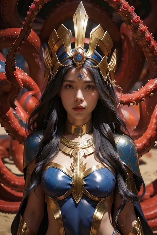 Godness, A stunning, hyperrealistic portrait of a beautiful woman in a blue warrior bikini and ornate iron headdress, standing on a beach. The detailed face resembles that of a goddess, and the armor is exquisitely crafted, masterpiece, maxium resolution, vivids, 48k、Full of tentacles、octopus