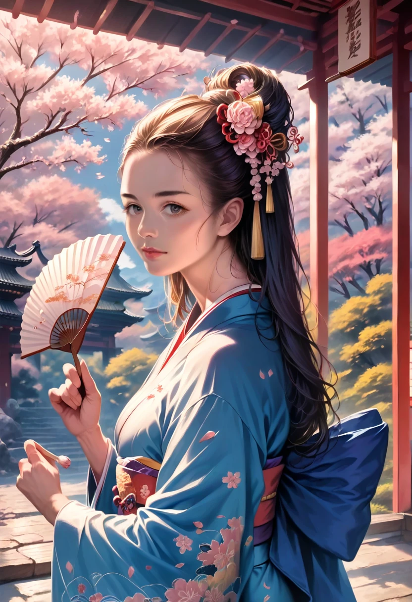 A beautiful kimono-clad Japanese girl, delicate facial features, long hair, serene expression, holding a paper fan, detailed intricate patterns on the kimono, traditional Japanese garden setting with pagodas and cherry blossom trees, natural lighting, vivid colors, (best quality,8k,highres,masterpiece:1.2),ultra-detailed,(realistic,photorealistic,photo-realistic:1.37),intricate details,cinematic lighting,dramatic composition,elegant,graceful,tranquil