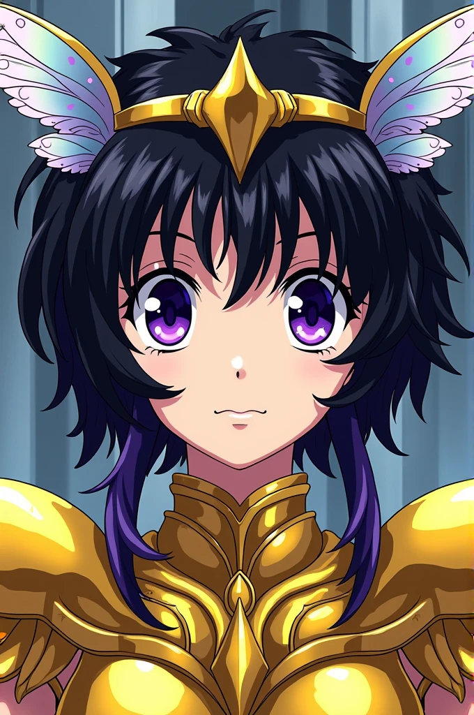 ((best quality)), ((masterpiece)), (detailed), perfect face,Saint Seiya The Lost Canvas Comics panel of a Female,a young woman with a slender short build and a fairly pale complexion. She has large eyes that lack pupils, only a haze of gradient purple, making her eyes appear similar to those of insects. She has very short raven-black wavy hair that fades into dark purple at the ends, styled at the back of her head into a flat yakai-maki bun, fastened with a white, turquoise and light purple butterfly ornament. She has center-split, ear-length, voluminous curtain bangs that flow down to frame the sides of her face, with two slightly thinner chin-length locks of hair in front of her ears below them.She uses a armour is made of gold and includes a breastplate, faulds, spaulders, vambraces, chausses, and a tiara,Which are golden antennas. Wing-like ornaments cover their ears and two large wing-like ornaments hang off the lower back,Which Represents A Butterfly Wing.