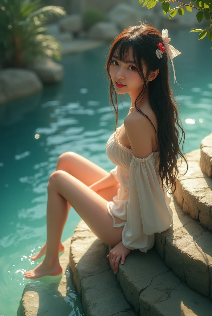 1 girl(masterpiece,top quality,best quality,official art,) long hair,enchanted,enchanting,Flushed complexion, playful expression while Blushing, Sitting on the stone steps by the water of a hot spring, thigh exposed.