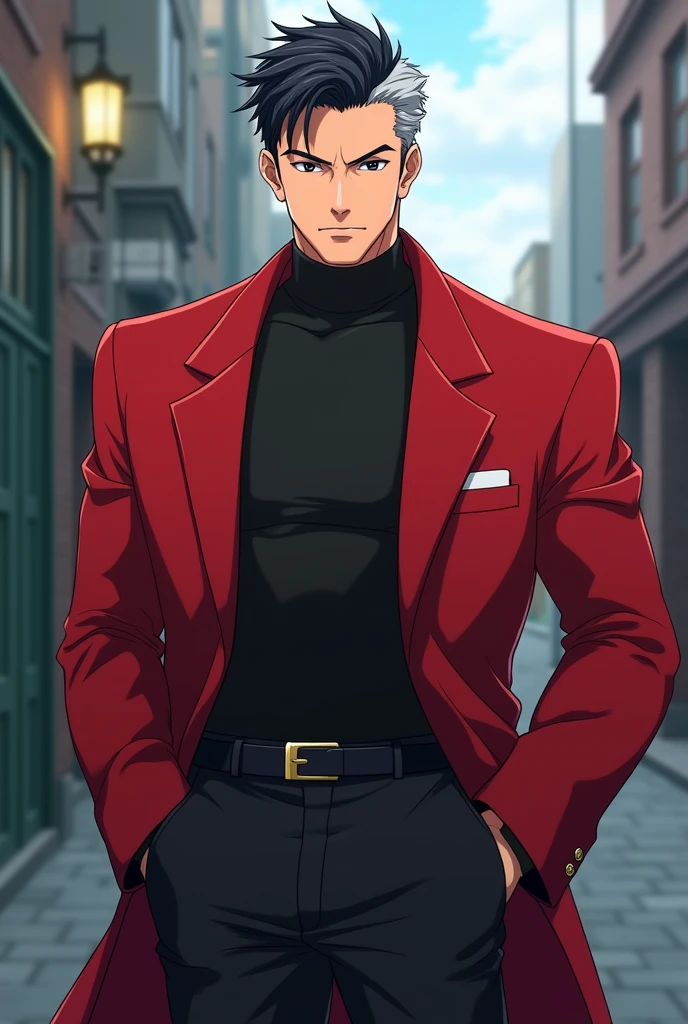 mature man, I'm handsome with short black hair and gray hair on the sides with a superman hairstyle and a wide, square face, black eyes, He has a red coat with broad shoulders, but without muscles he wears black pants in anime version