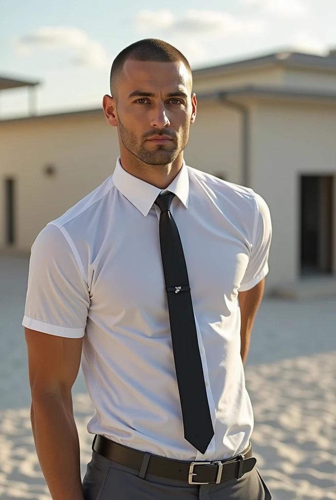 "A highly realistic image of a 3 light-skinned Brazilian man with closely cropped short brown hair and brown eyes. He is dressed in a black gray uniform, consisting of fitted dress pants, black socks, black dress shoes, and a white short-sleeved button-down shirt tucked into his pants. The man has a clean-shaven face, no mustache or beard, and displays firm arms. He stands in a dimly lit room, illuminated by soft dim, warm, and sensual lighting, casting gentle shadows that highlight his physique and features. His serious expression carries a hint of sensuality in his gaze. The background and atmosphere are styled to resemble a scene from an adult book cover, adding a touch of mystery and allure. The image is captured in a full-body shot, realistic lighting, and an editorial style. "