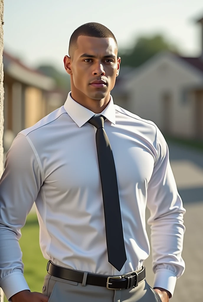 "A highly realistic image of a 3 light-skinned Brazilian man with closely cropped short brown hair and brown eyes. He is dressed in a black gray uniform, consisting of fitted dress pants, black socks, black dress shoes, and a white short-sleeved button-down shirt tucked into his pants. The man has a clean-shaven face, no mustache or beard, and displays firm arms. He stands in a dimly lit room, illuminated by soft dim, warm, and sensual lighting, casting gentle shadows that highlight his physique and features. His serious expression carries a hint of sensuality in his gaze. The background and atmosphere are styled to resemble a scene from an adult book cover, adding a touch of mystery and allure. The image is captured in a full-body shot, realistic lighting, and an editorial style. "