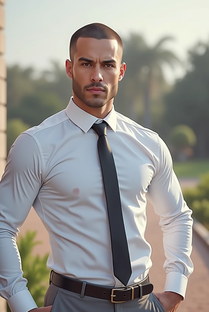 "A highly realistic image of a 3 light-skinned Brazilian man with closely cropped short brown hair and brown eyes. He is dressed in a black gray uniform, consisting of fitted dress pants, black socks, black dress shoes, and a white short-sleeved button-down shirt tucked into his pants. The man has a clean-shaven face, no mustache or beard, and displays firm arms. He stands in a dimly lit room, illuminated by soft dim, warm, and sensual lighting, casting gentle shadows that highlight his physique and features. His serious expression carries a hint of sensuality in his gaze. The background and atmosphere are styled to resemble a scene from an adult book cover, adding a touch of mystery and allure. The image is captured in a full-body shot, realistic lighting, and an editorial style. "