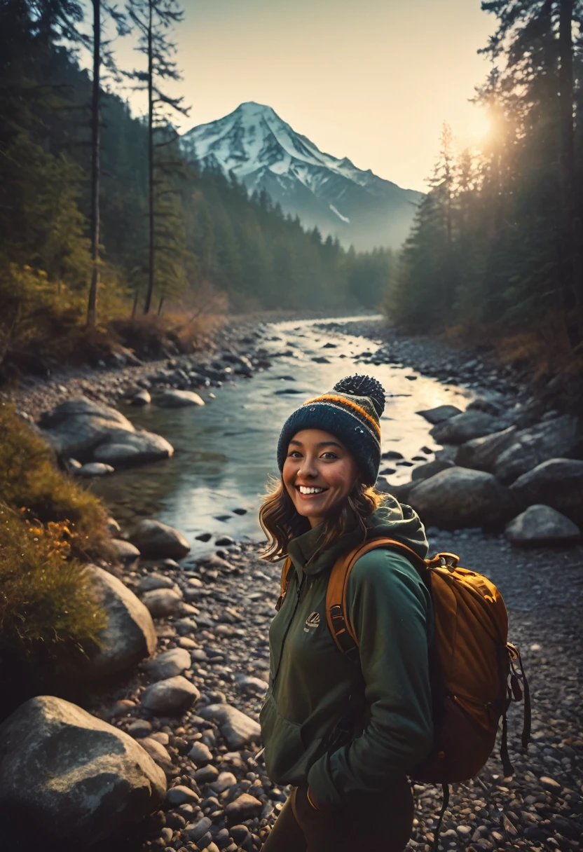 1 woman ((upper body selfie, happy)), masterpiece, best quality, ultra-detailed, solo, outdoors, (night), mountains, nature, (stars, moon) cheerful, happy, backpack, sleeping bag, camping stove, water bottle, mountain boots, gloves, sweater, hat, flashlight, forest, rocks, river, wood, smoke, shadows, contrast, clear sky, analog style (look at viewer:1.2) (skin texture) (film grain:1.3), (warm hue, warm tone:1.2), close up, cinematic light, sidelighting, ultra high res, best shadow, RAW, upper body, wearing pullover