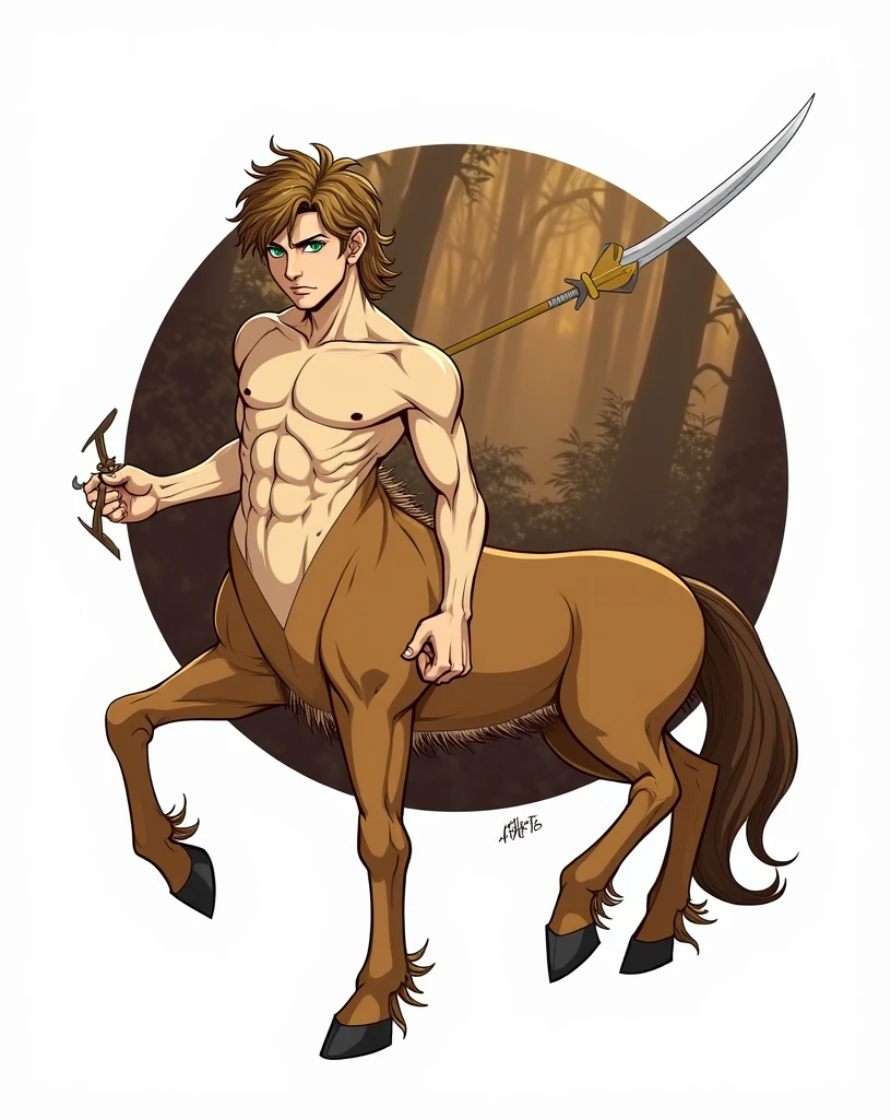 Centaur, Shirtless, Light Brown Hair, Green Eyes, Greek Warrior, Shirtless, Greek Mythology, Teenager, Forest, Hunter. Saber. Free