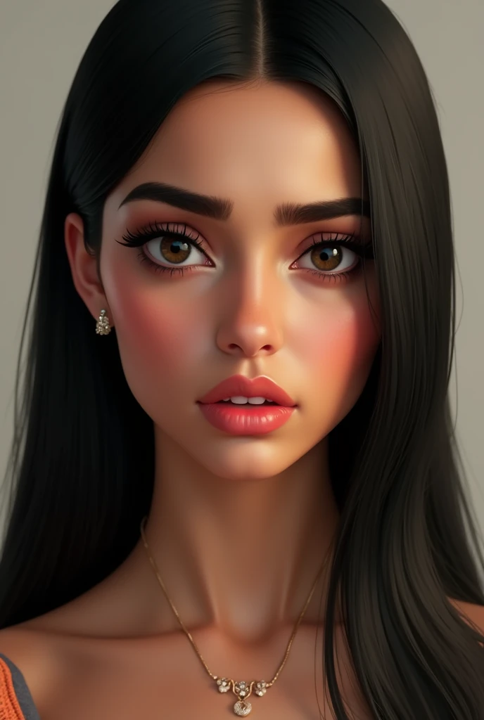Une fille d'origine marocaine, with straight black hair, des sourcing bien définis, des cils, made up, disappointed lips, des traits fins, with quite large lips, without earrings, ressemblant à un être humain.