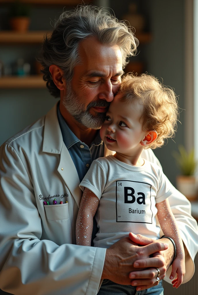 A chemical scientist father hugging his silver-colored, crystallized son with a t-shirt that says barium with its atomic number 56