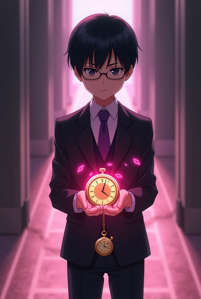 A 1 boy with a serious face, straight black hair combed to the sidewearing round glasses, de terno preto, purple necktie, black pants and black formal shoes, holding a golden pocket watch by a small chain coming out of the watch with a pink aura around the pocket watch in anime style