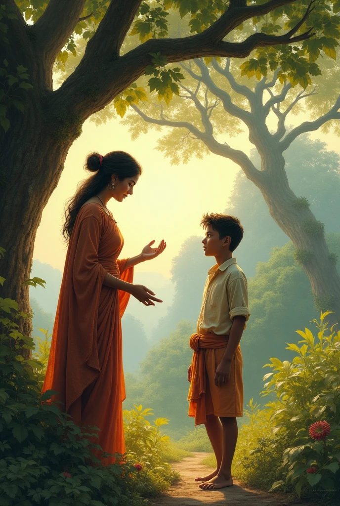 She watched Arun approach with a serene yet guarded expression. As they spoke, Arun was struck by her wisdom and the depth of her connection to the village's lore. She told him of the village's secret in tree 