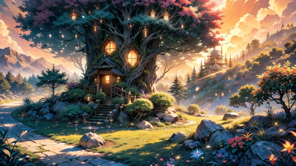 a futuristic small low pod home in a beautiful japanese garden, incredible view with dramatic mountain range, rocks plants flowers shrubs bushes trees moss lawns grass,colourful sunset and strong sunbeams,very hazy,extreme details,photorealistic,4k,HD,beautiful,nature, dreamy, low shot,ground level photo, good luminosity, high ambience,magical, dusk, magic hour