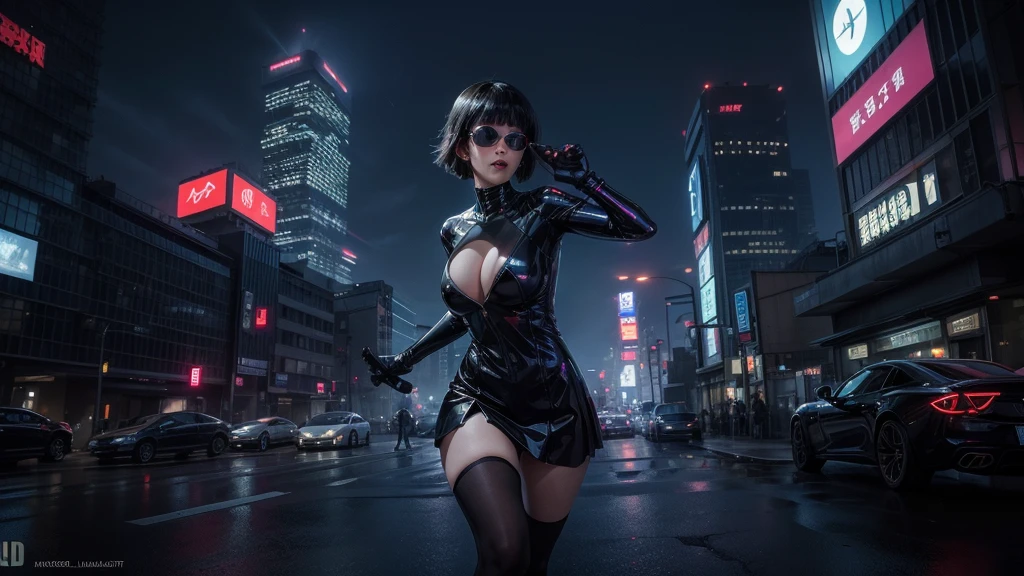 (Wide angle view). "ghost in the shell" film inspired futuristic Tokyo city, simple outlined neon tall buildings, (OLED holographic portrait on buildings), glowing giant clock tower, 1drone, lightning, 3D rendering Beeple. At night, (1girl, solo, alone), photorealistic, medium-breast slim:0.6 body, oval:0.5 face, cleavage:1.1, sexy costume with deep-v, low view pleated miniskirt, glove, (Matrix style black micro sunglasses), ((aiming viewer with a short gun)), (running pose), (half-body thigh level close-up shot), cinematic lighting, ray tracing.