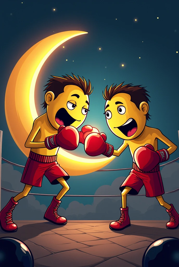 two animated crescent moons boxing brutally, one knocking out the other