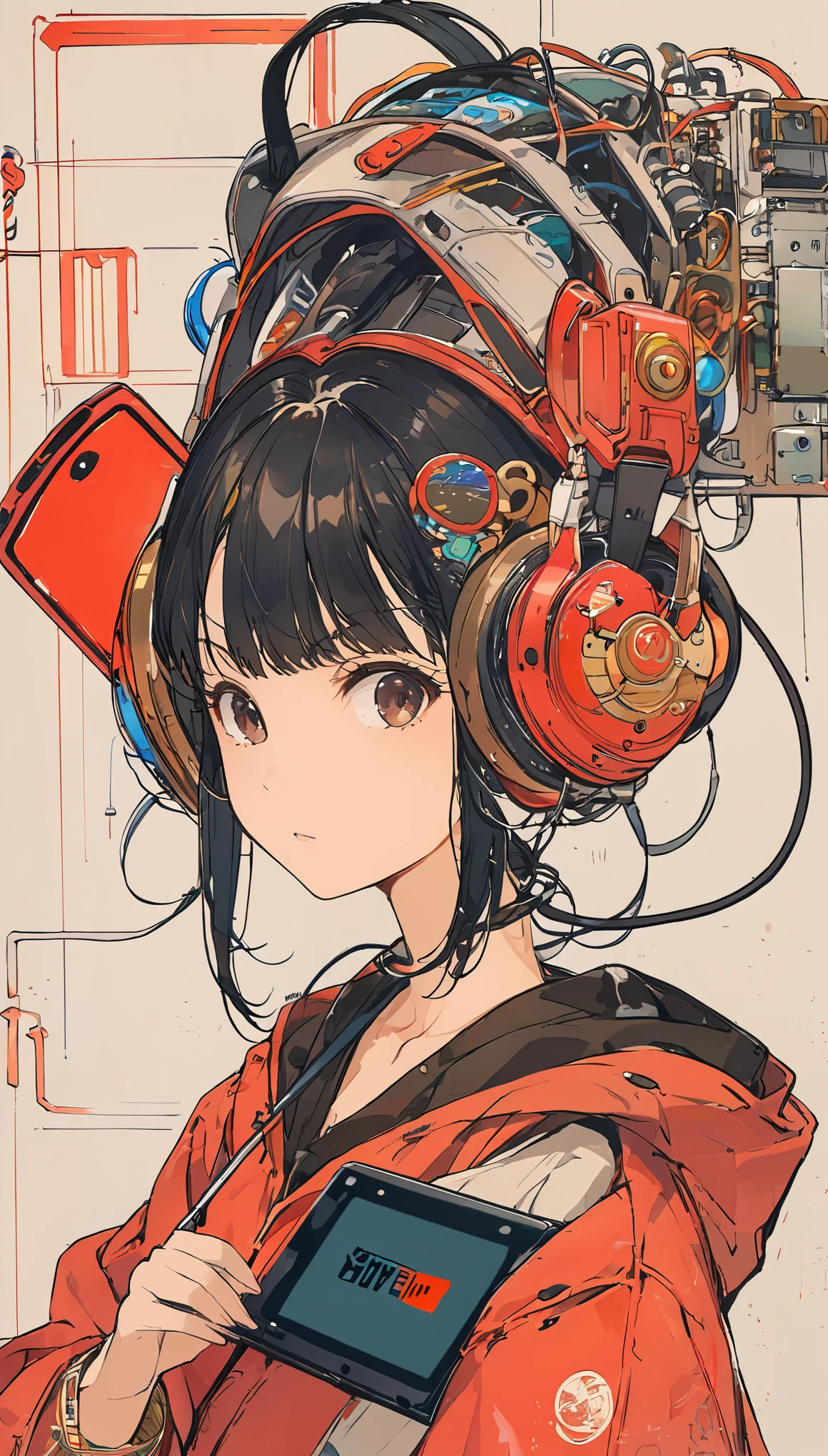 (Thin woman) (Short bob style hair) (Black Hair) (Dark brown eyes) (parts) (Playing on Nintendo Switch)、Upper Body、Red hoodie、Futuristic headphones、adult、The Style of Kawanabe Kyosai