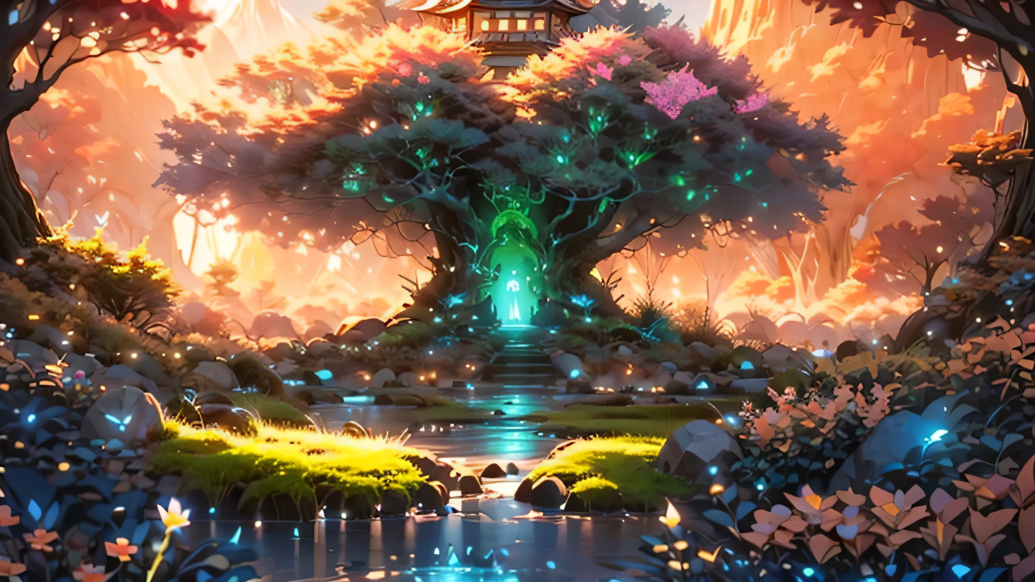a futuristic small low pod home in a beautiful japanese garden, incredible view with dramatic mountain range, rocks plants flowers shrubs bushes trees moss lawns grass,colourful sunset and strong sunbeams,very hazy,extreme details,photorealistic,4k,HD,beautiful,nature, dreamy, low shot,ground level photo, good luminosity, high ambience,magical, dusk, magic hour